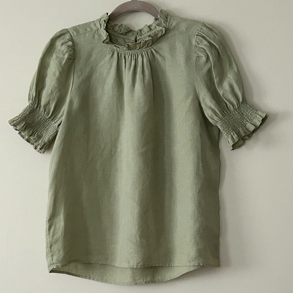 J Crew Linen Smocked Puff Sleeve Blouse